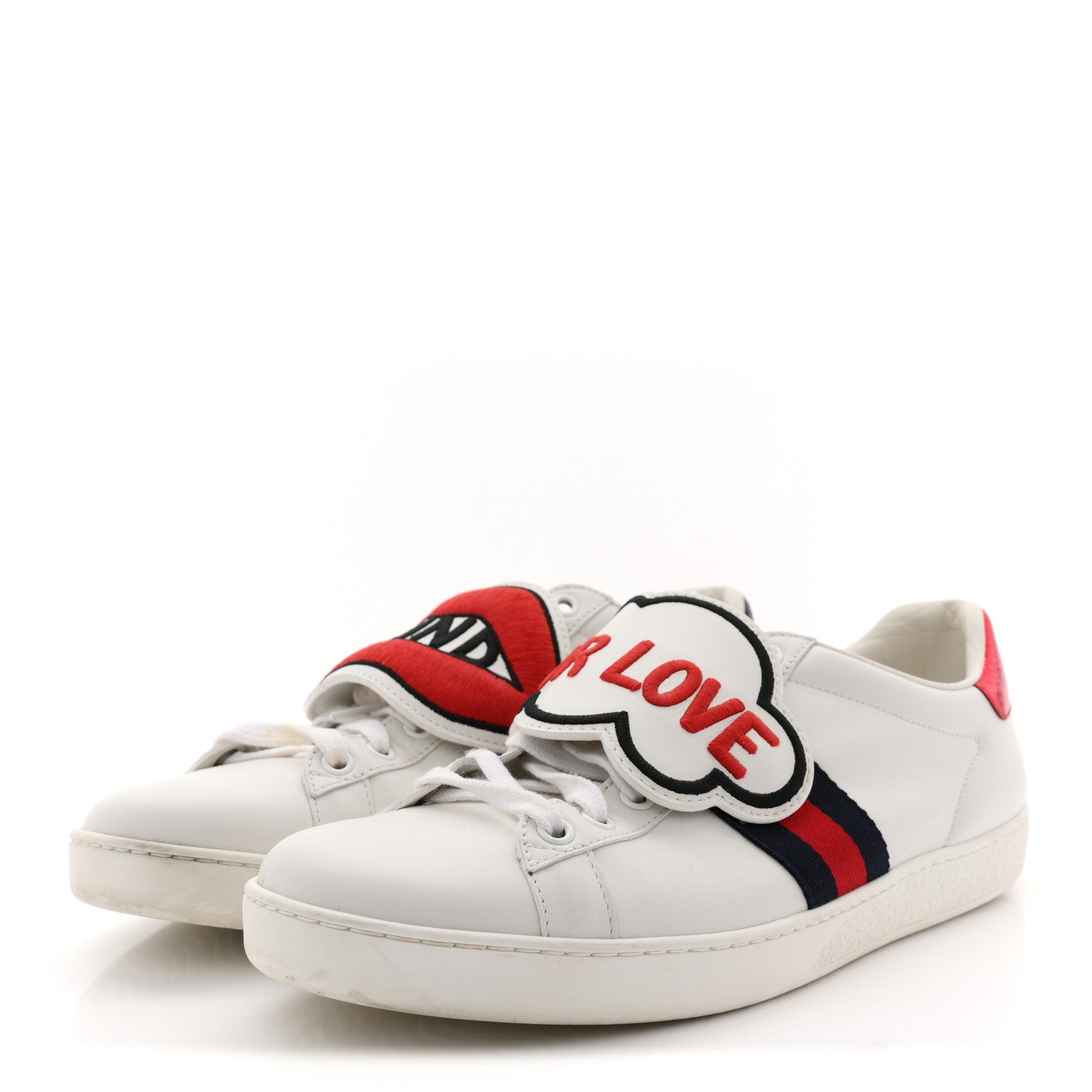 Gucci Calfskin Ayers Web Blind for Love Embroidered Womens Ace Sneakers 40.5 White