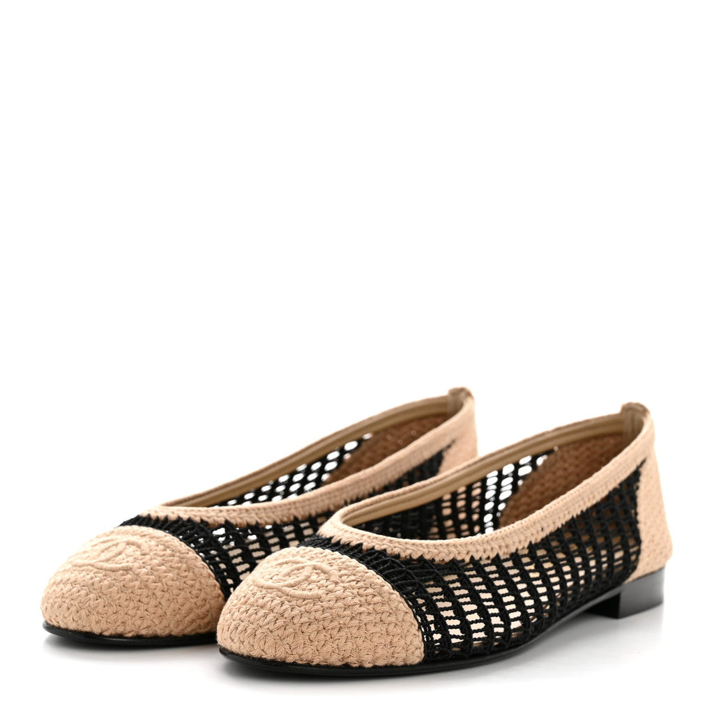 Raffia Cap Toe Ballerina Flats 37 Black Beige