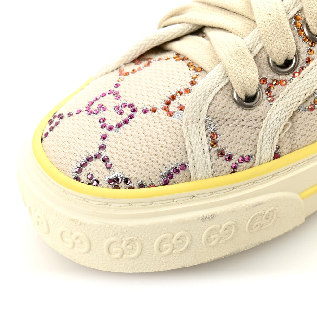 Gucci Canvas Lame Crystal GG Monogram Womens 1977 Tennis Sneakers 36 Gardenia Silver Mystic White