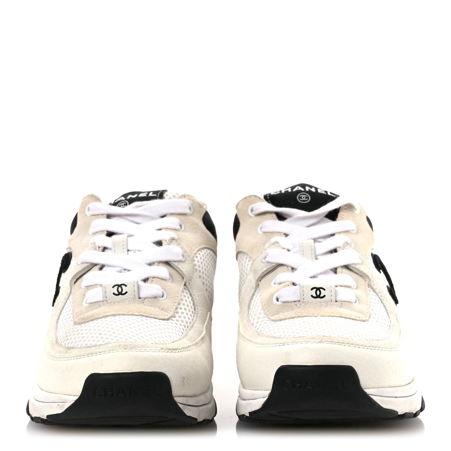 Mesh Suede Calfskin Grained Calfskin Womens CC Sneakers 37 White Black