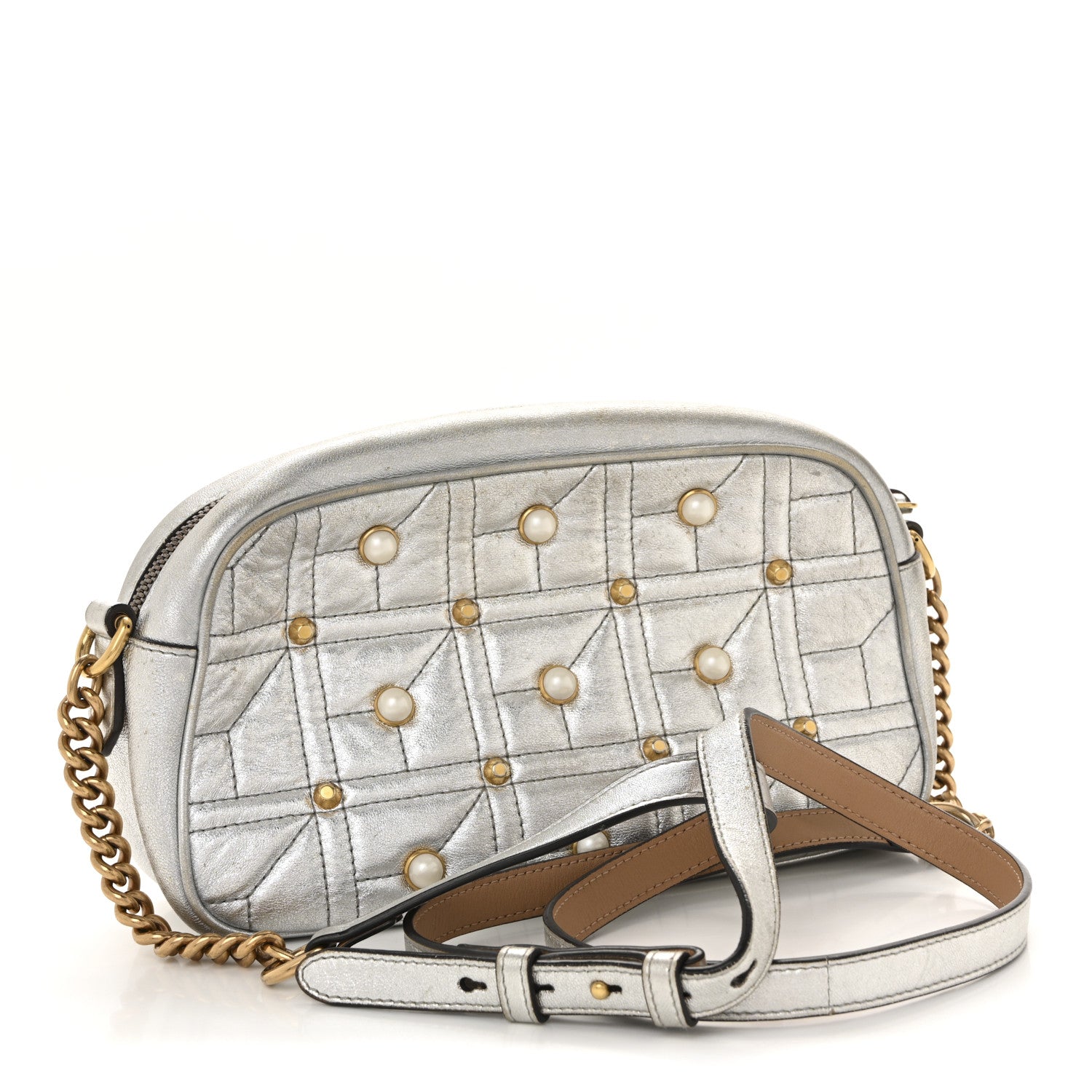 Gucci Metallic Calfskin Matelasse Studded Small Pearly GG Marmont Chain Shoulder Bag Silver