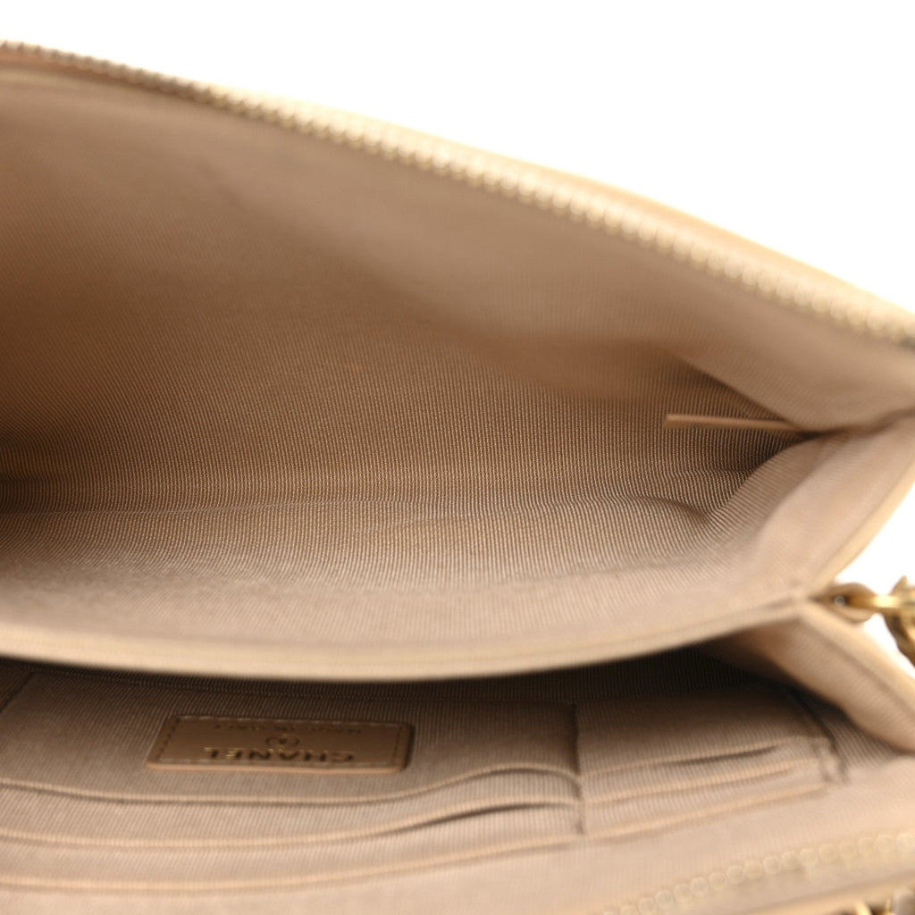 Chanel Shiny Goatskin Quilted Chanel 19 Small Pouch With Handle Beige