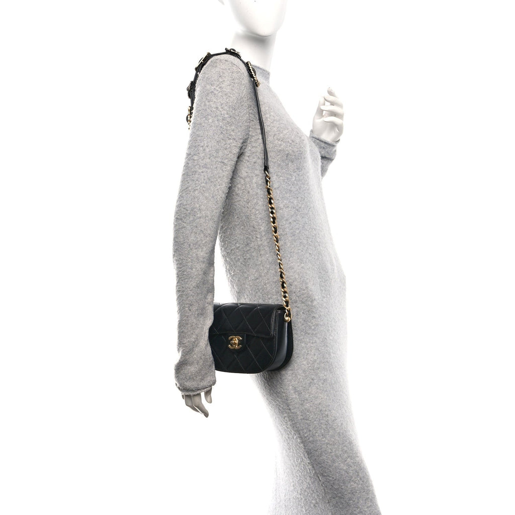 Chanel Shiny Calfskin Quilted Buckle Moon Messenger Black