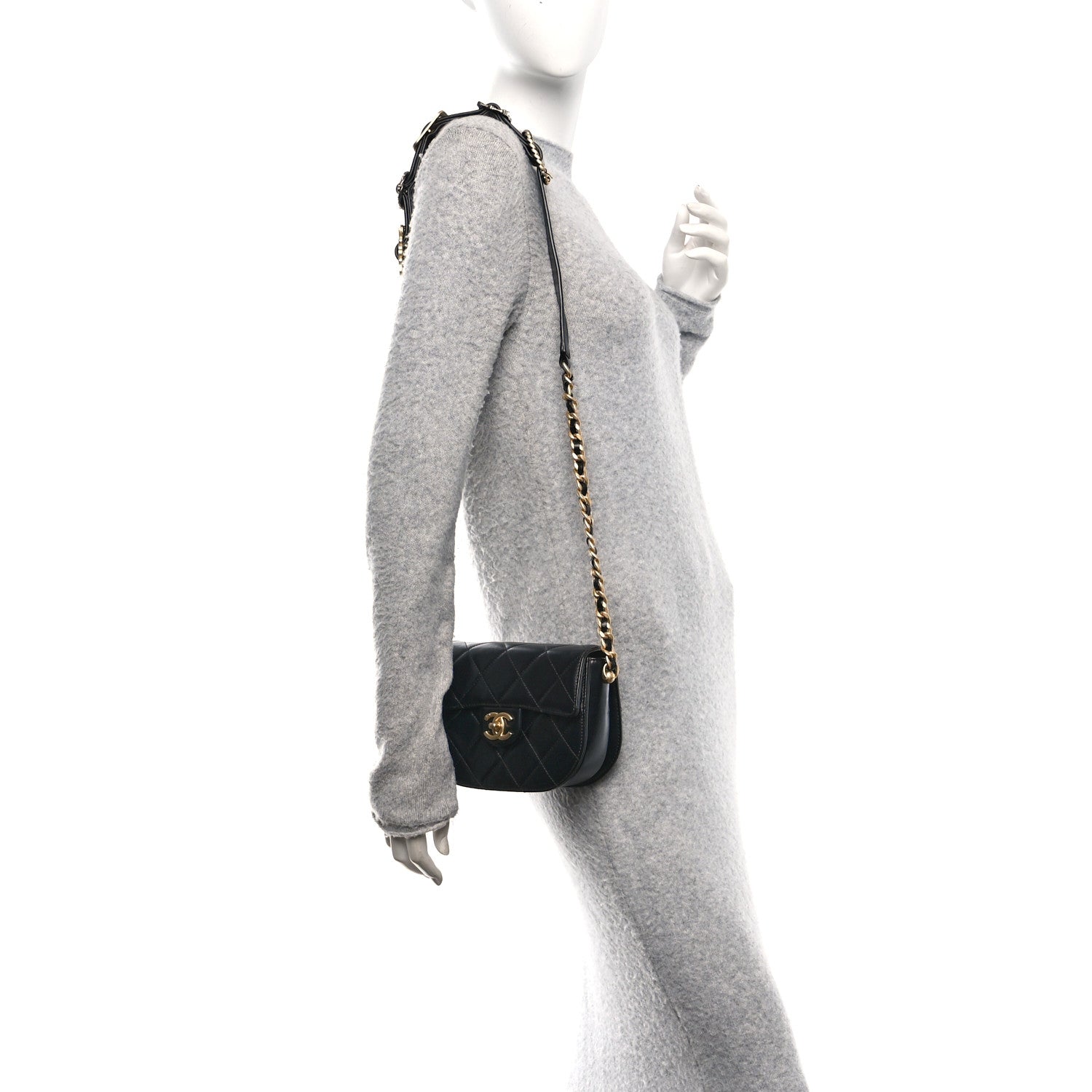 Chanel Shiny Calfskin Quilted Buckle Moon Messenger Black