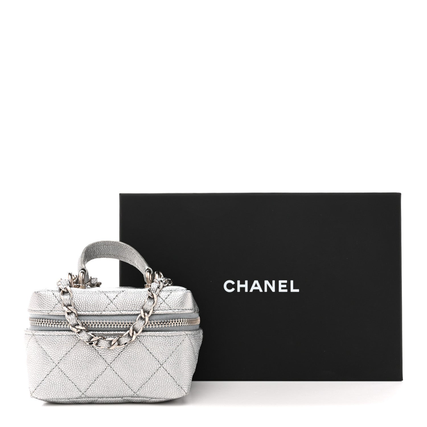 Chanel Metallic Caviar Quilted Mini Top Handle Vanity With Chain Silver