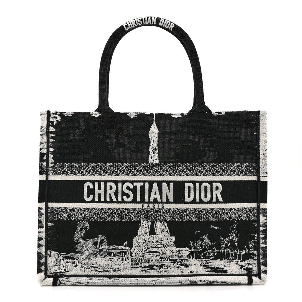 Christian Dior Canvas Embroidered Medium Paris Book Tote Black White