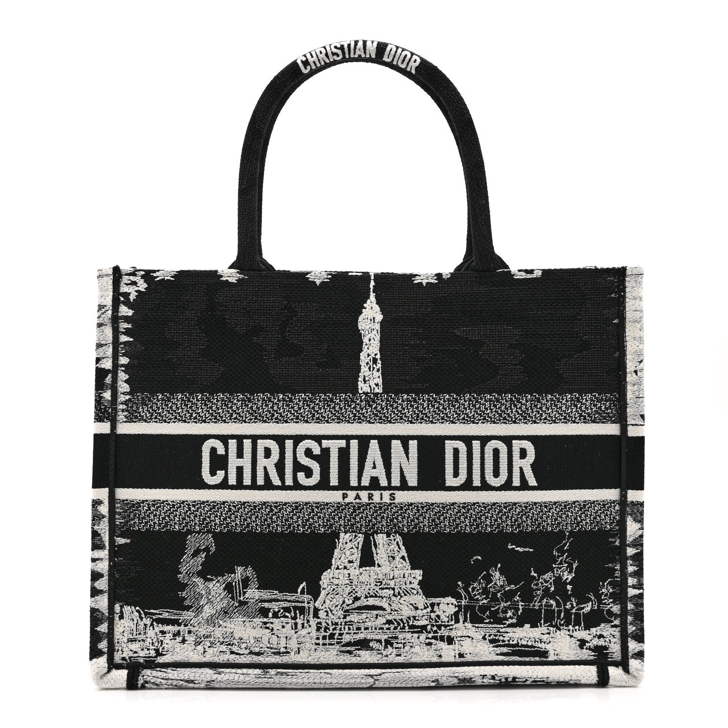 Christian Dior Canvas Embroidered Medium Paris Book Tote Black White