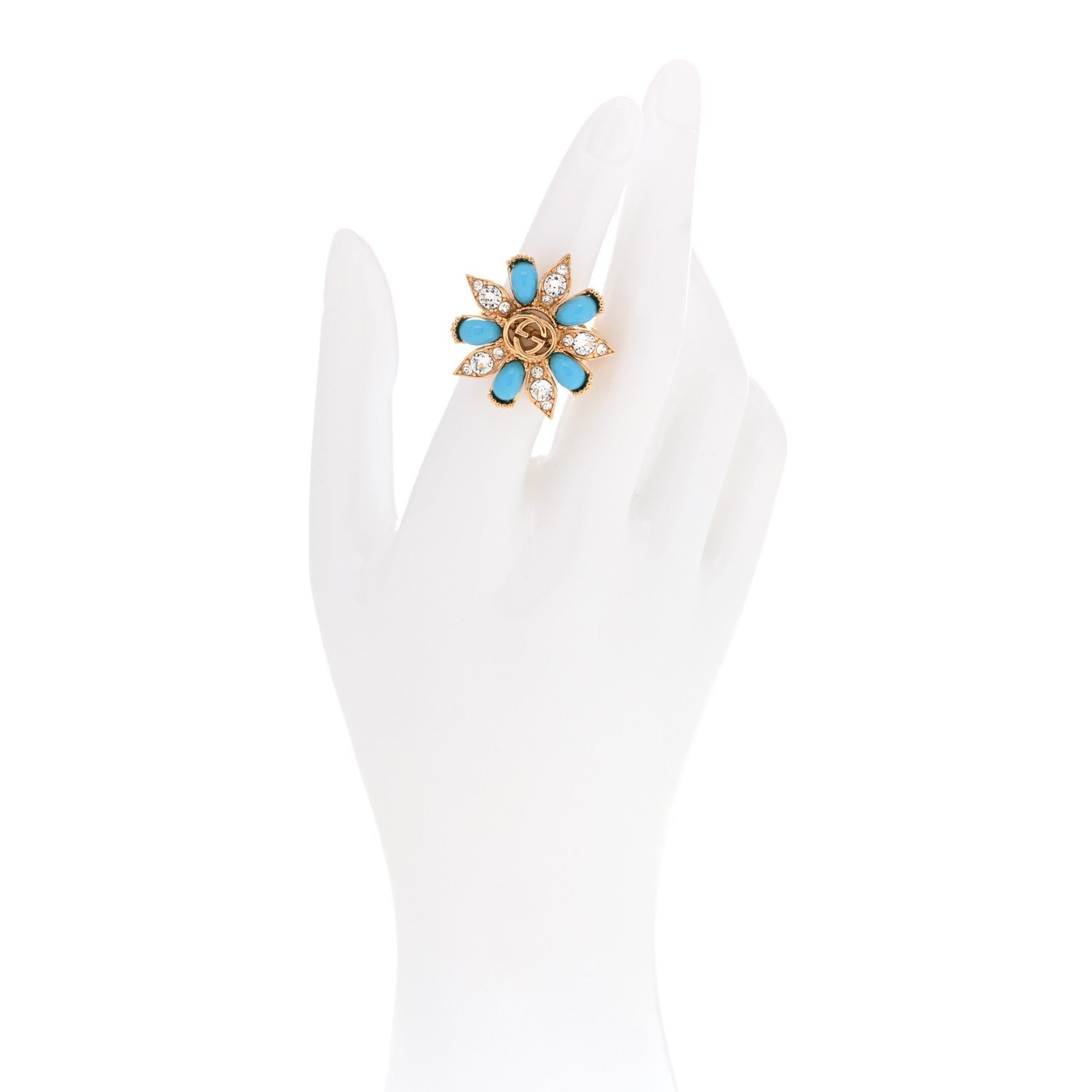 Gucci Metal Crystal Interlocking G Ring Set 53 6.25 Gold Turquoise