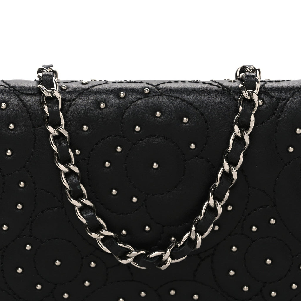 Chanel Lambskin Camellia Studded Wallet on Chain WOC Black