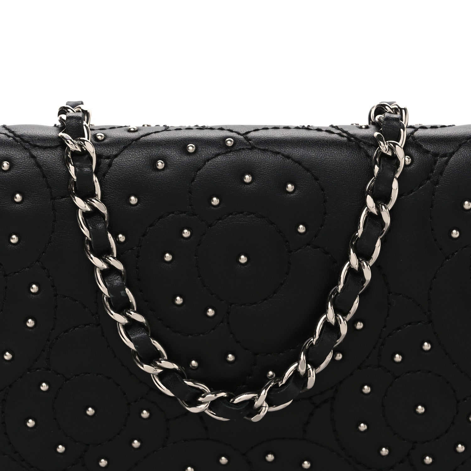 Chanel Lambskin Camellia Studded Wallet on Chain WOC Black