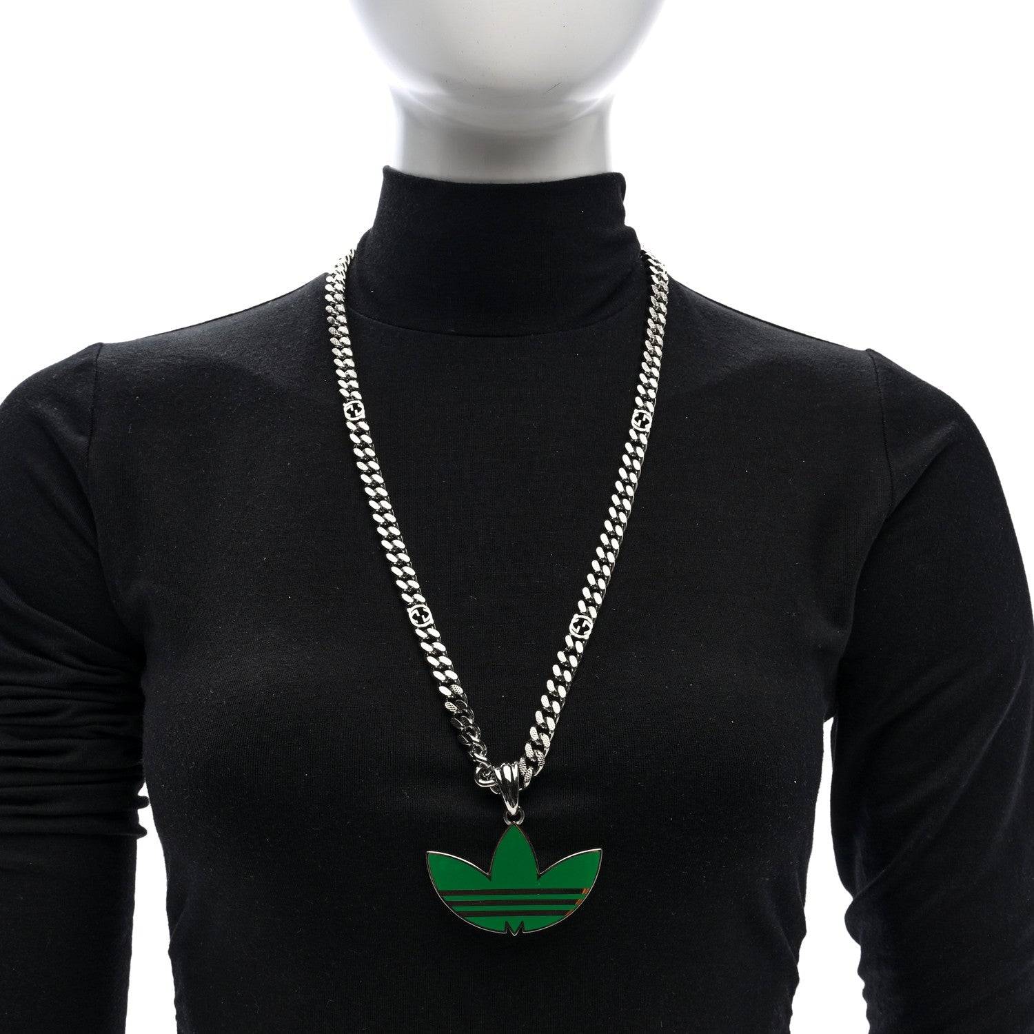 Gucci X ADIDAS Enamel Trefoil Gourmette Pendant Necklace Silver Green