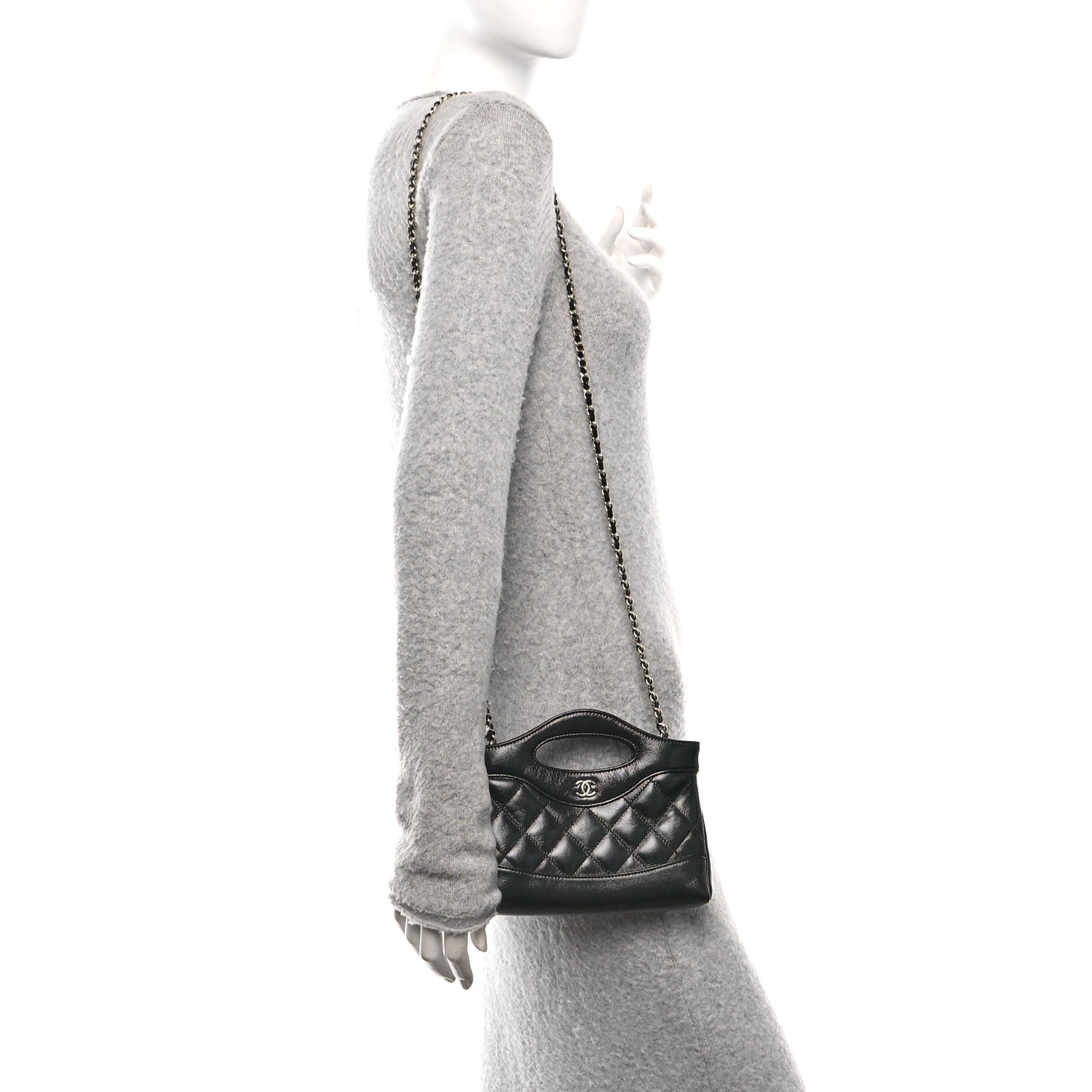 Chanel Shiny Crumpled Calfskin Quilted Nano 31 Shopping Bag Black