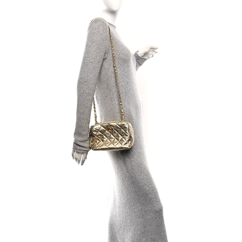 Chanel Metallic Lambskin Quilted Mini Bowling Bag Gold