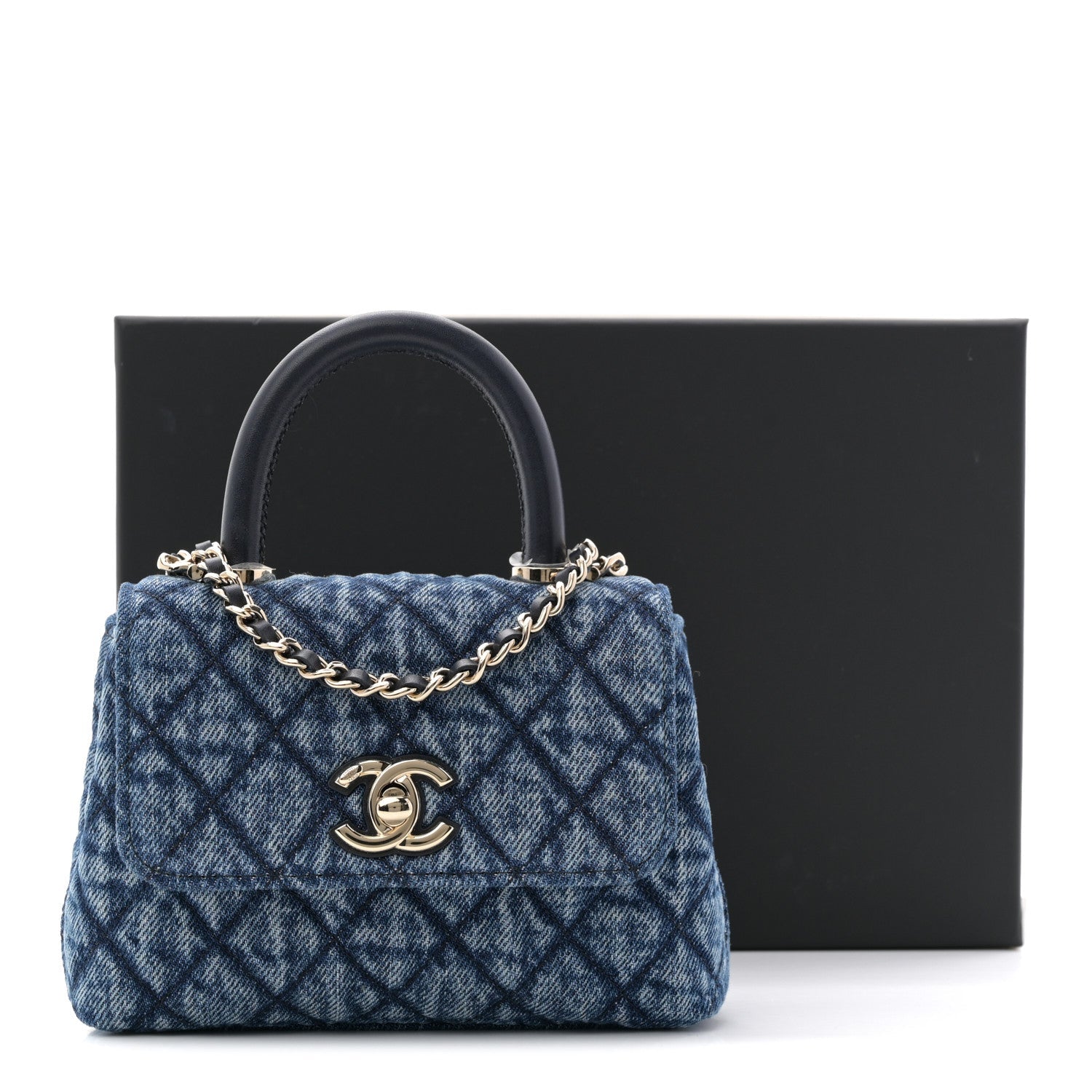Chanel Washed Denim Quilted Coco Handle Clutch With Chain Blue