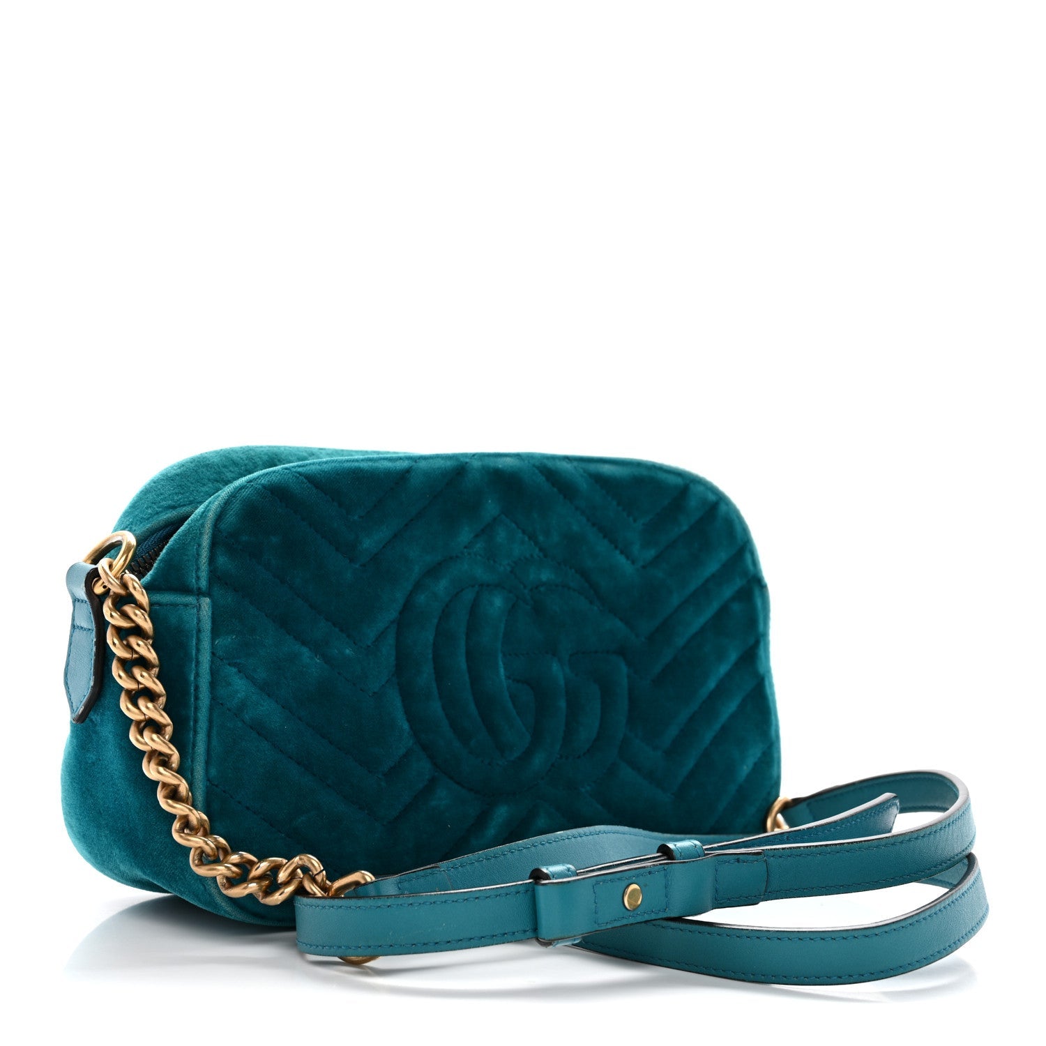 Gucci Velvet Matelasse Small GG Marmont Chain Shoulder Bag Pavone Cyan