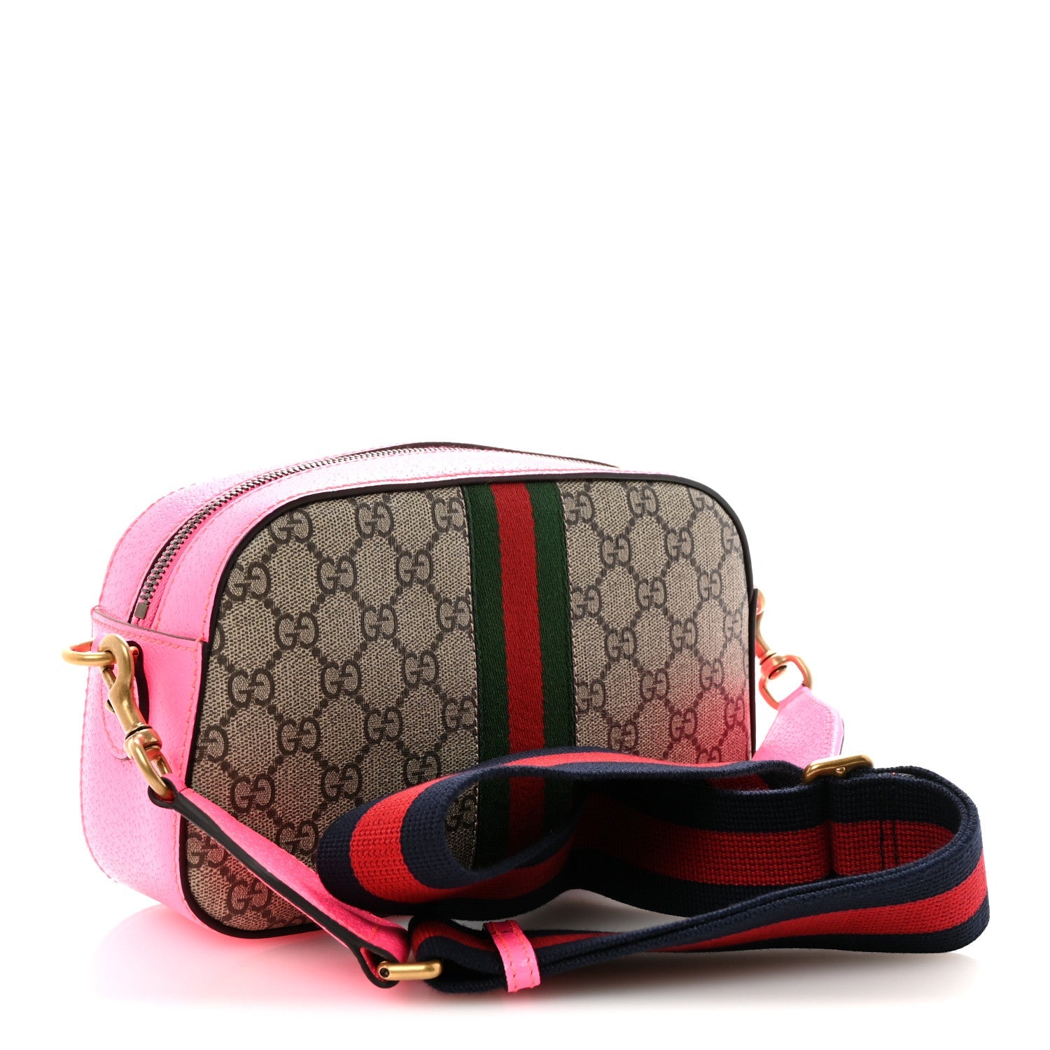 Gucci GG Supreme Monogram Textured Dollar Calfskin Web Ophidia Small Crossbody Bag Beige Ebony Fuchsia