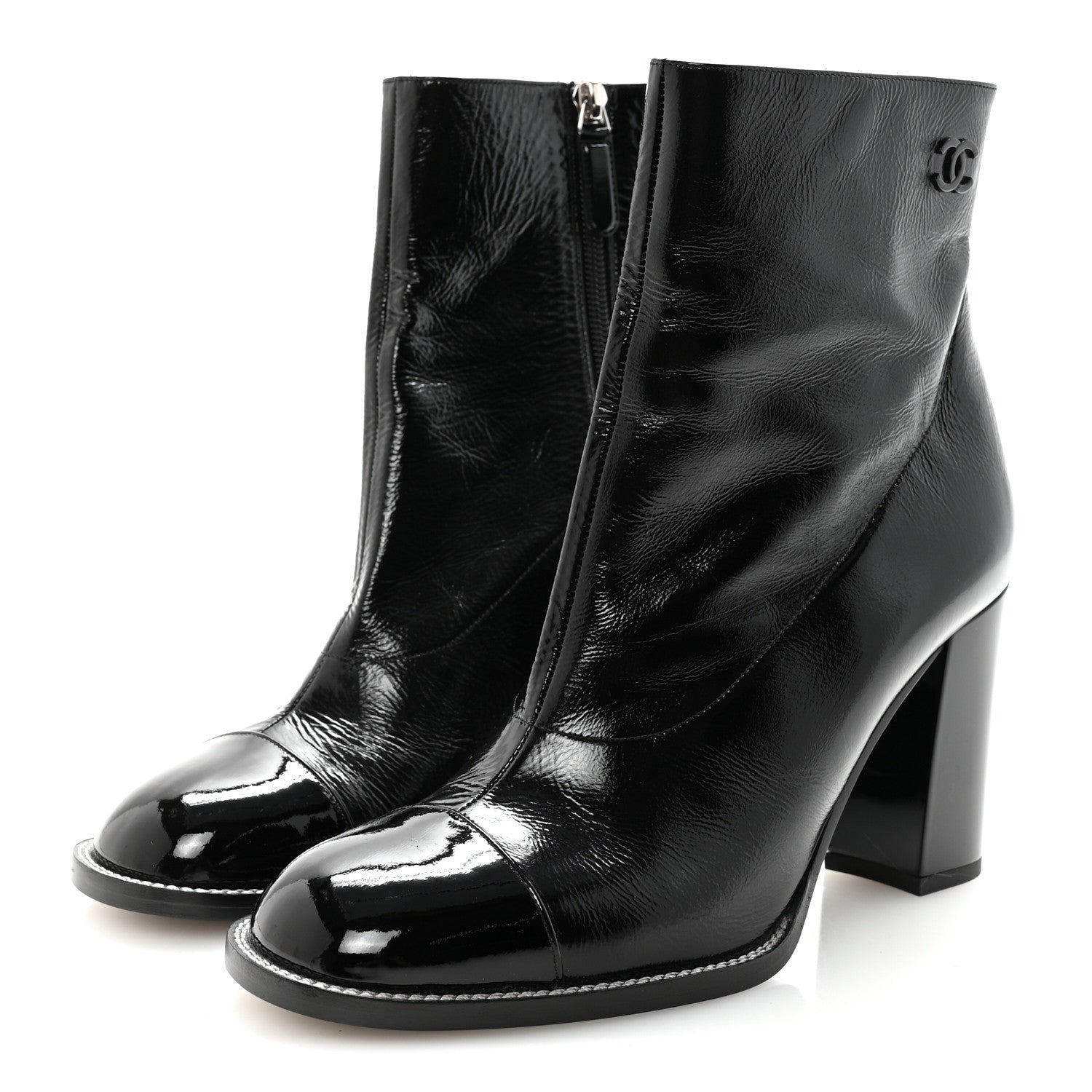 Chanel Shiny Calfskin Patent Cap Toe CC Short Boots 38.5 Black