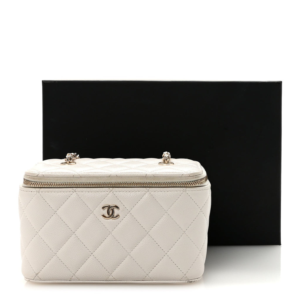 Caviar Quilted Small Vanity Case With Chain White