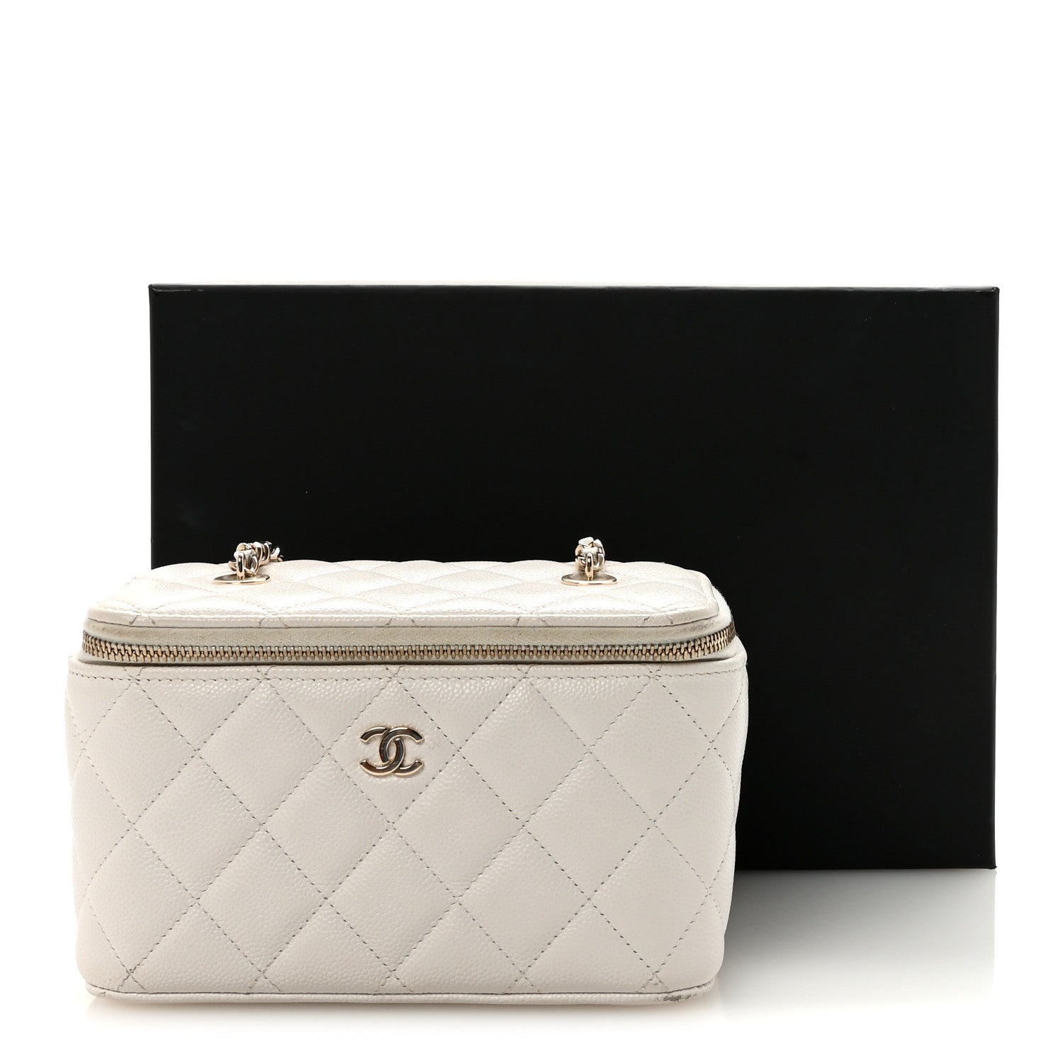 Caviar Quilted Small Vanity Case With Chain White