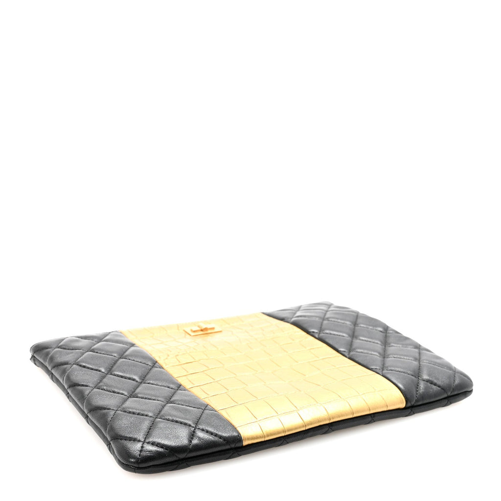 Lambskin Metallic Calfskin Quilted Crocodile Embossed Clutch 2.55 Reissue Cosmetic Case Gold
