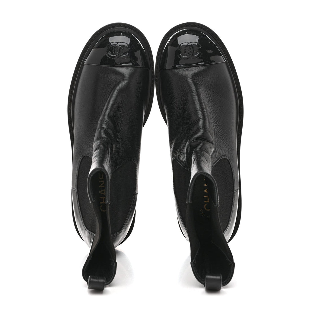 Crumpled Calfskin Patent Cap Toe Short Boots 39.5 Black