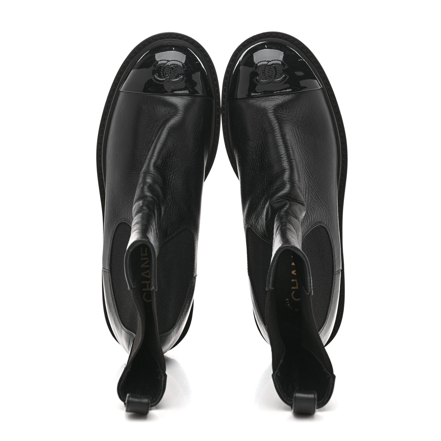 Crumpled Calfskin Patent Cap Toe Short Boots 39.5 Black