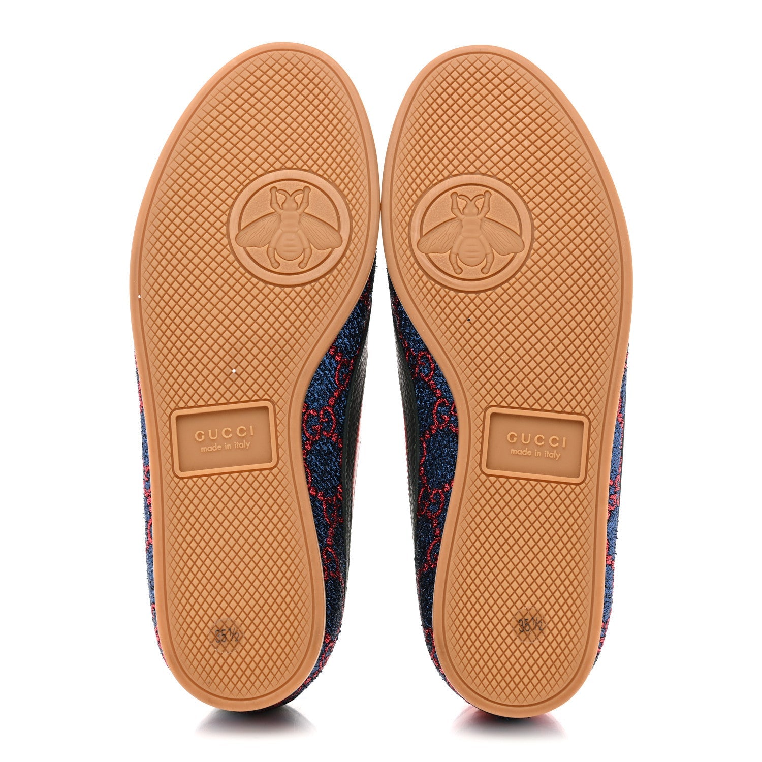 Gucci Lurex Calfskin Web GG Monogram Womens Falacer Sneakers 35.5 Iridescent Blue Iridescent Red Silver