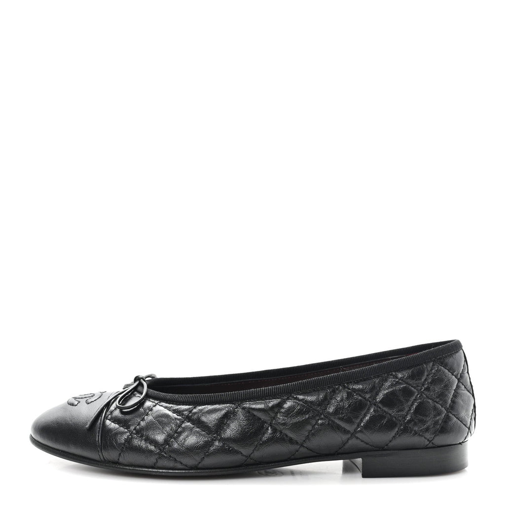 Aged Calfskin Quilted CC Cap Toe Ballerina Flats 37.5 Black