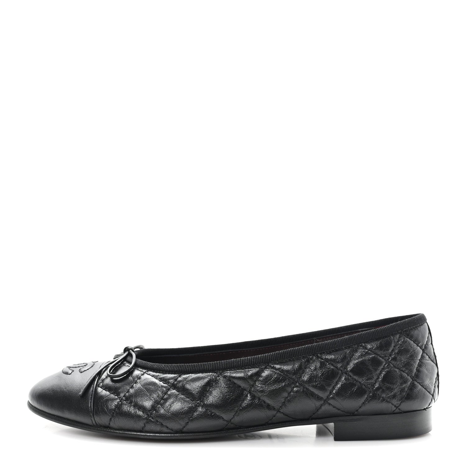 Aged Calfskin Quilted CC Cap Toe Ballerina Flats 37.5 Black