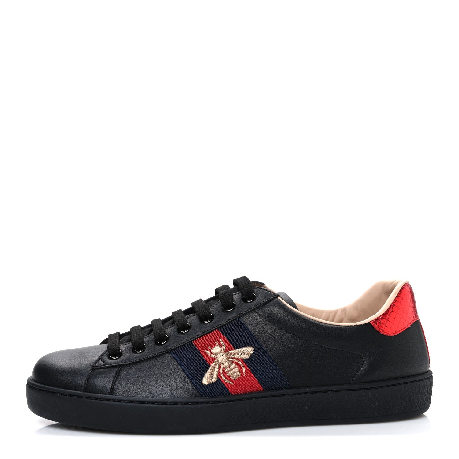 Gucci Miro Soft Calfskin Laminated Ayers Web Bee Embroidered Mens Ace Sneakers 6 Black Red Flame Night