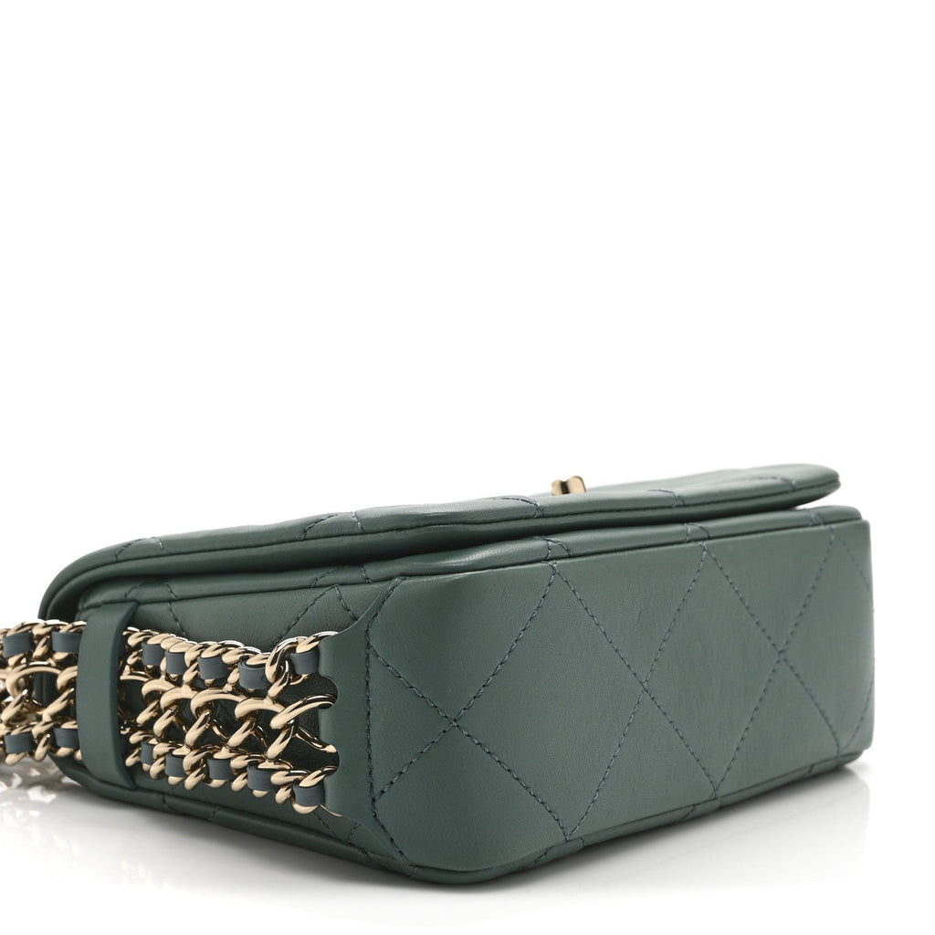 Chanel Lambskin Quilted Mini Chain Rows Flap  Green