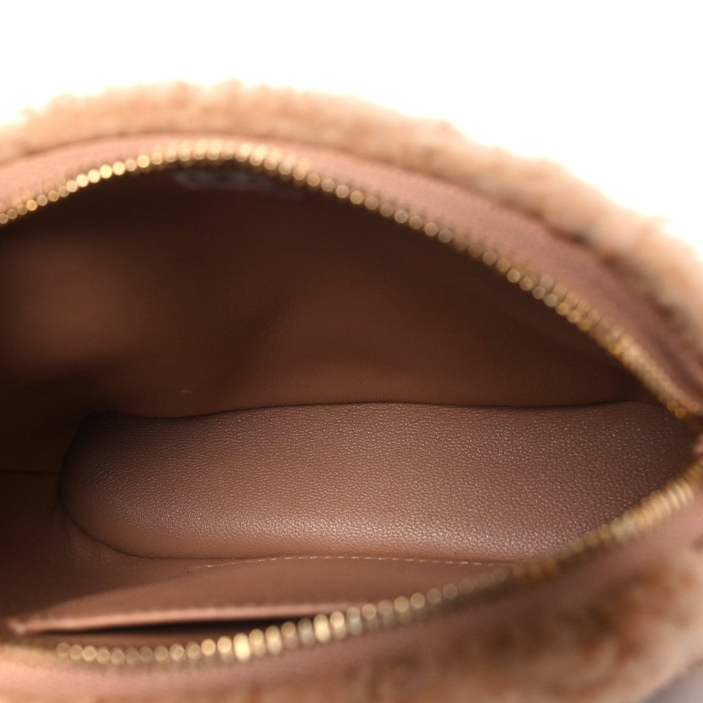 Chanel Shearling Quilted Shiny Coco Clutch With Chain Dark Beige