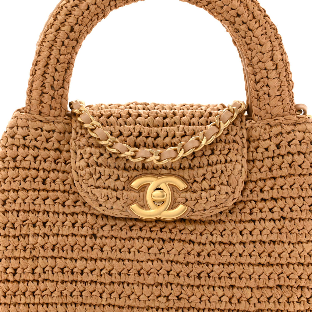 Chanel Braided Raffia Nano Kelly Flap Bag Dark Beige