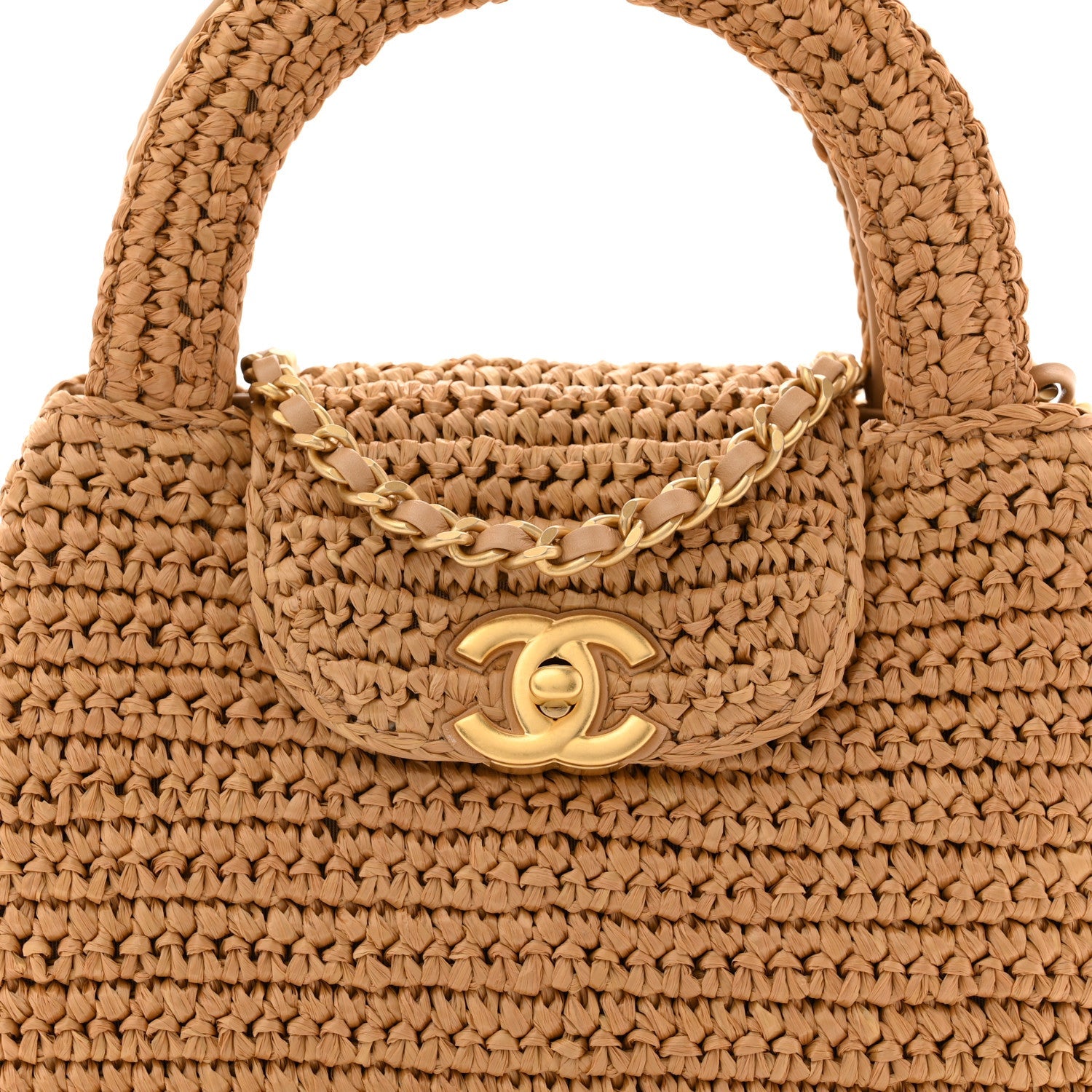 Chanel Braided Raffia Nano Kelly Flap Bag Dark Beige