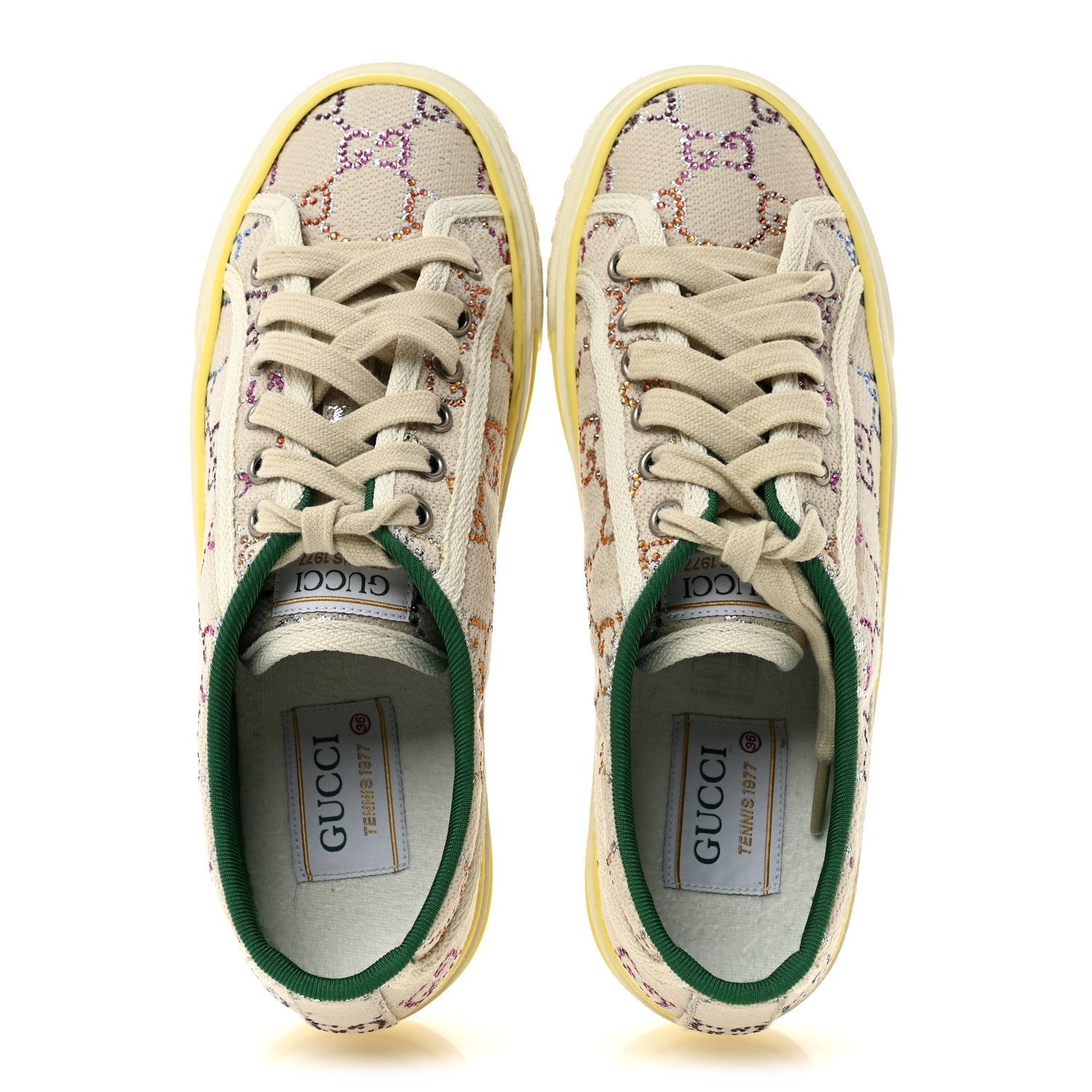 Gucci Canvas Lame Crystal GG Monogram Womens 1977 Tennis Sneakers 36 Gardenia Silver Mystic White