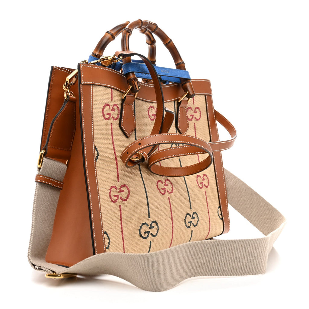 Gucci Raffia Monogram GG Jacquard Medium Diana Tote Bag Natural Red Green Modern Blue
