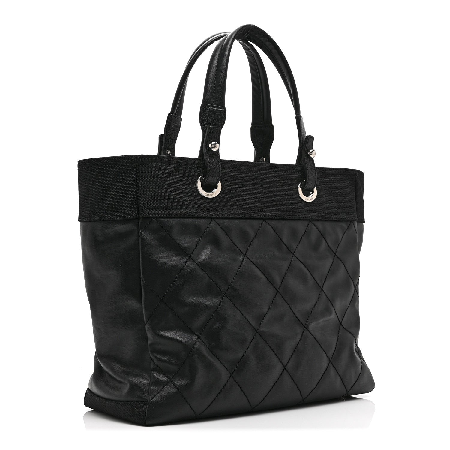 Chanel Coated Canvas Quilted Large Paris Biarritz Tote Black