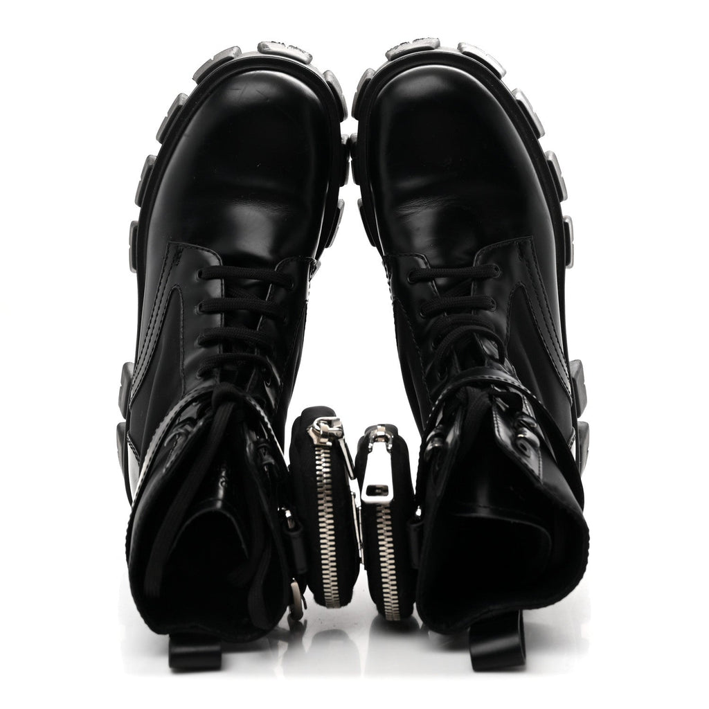 Prada Spazzolato Rois Nylon Metal Triangle Logo Monolith Pouch Pocket 55mm Boots 38 Black