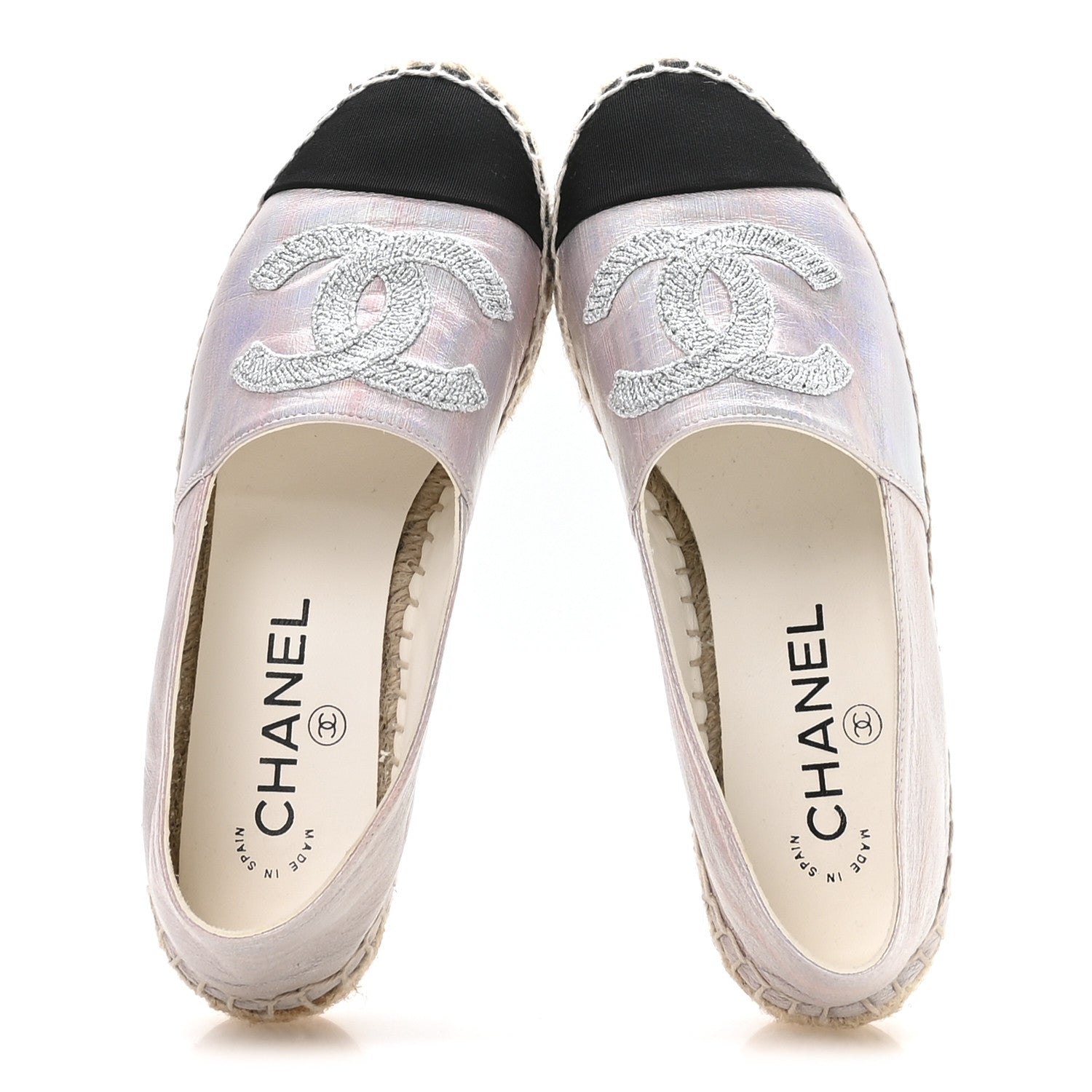 Laminated Lambskin Grosgrain Embroidered CC Espadrilles 36 Pink Silver Black