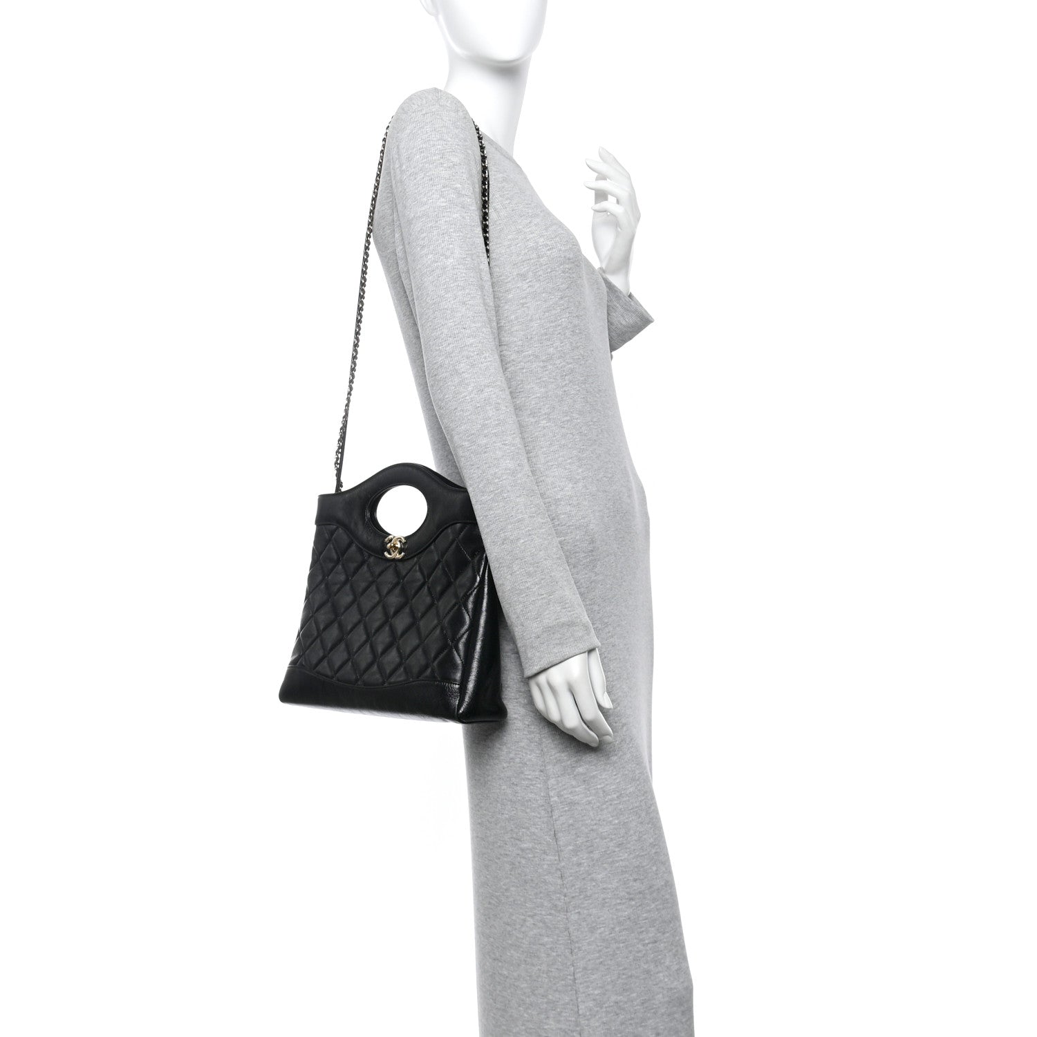 Chanel Shiny Crumpled Calfskin Quilted Small 31 Shopping Bag Black