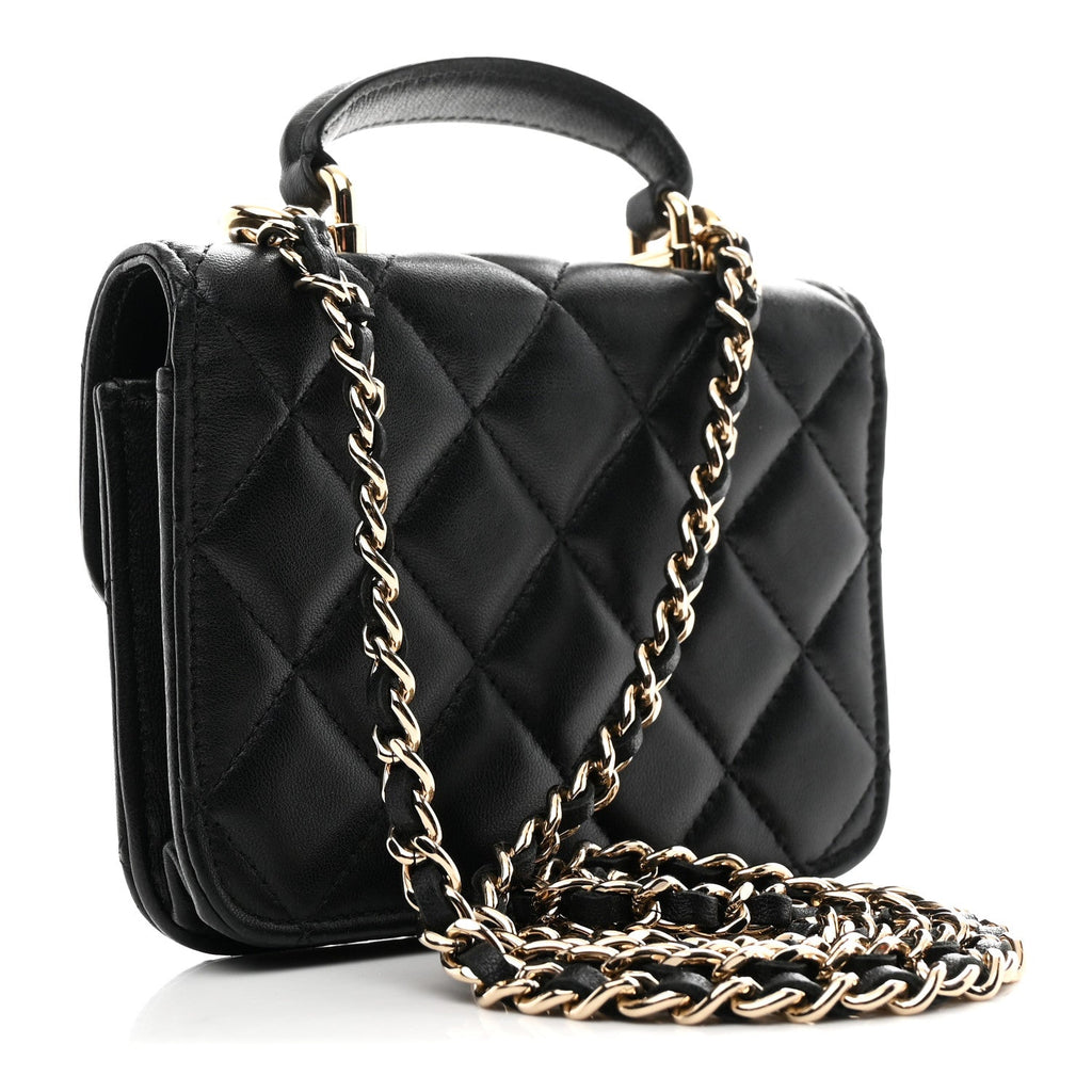 Chanel Lambskin Quilted Top Handle Flap Coin Purse With Chain Black