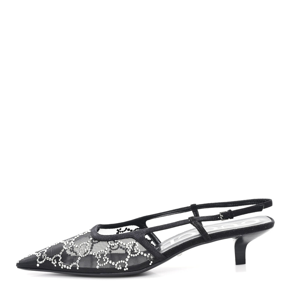 Gucci Tela Retino Kid Scamosciato Crystal GG Monogram Square G 35mm Slingback Pumps 39.5 Black