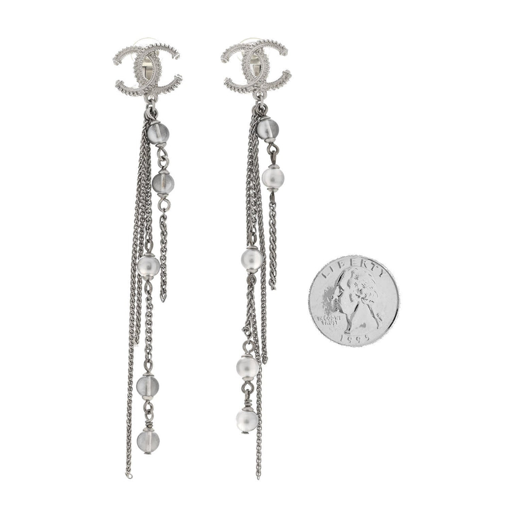 Metal Chain Pearl CC Drop Clip On Earrings Silver