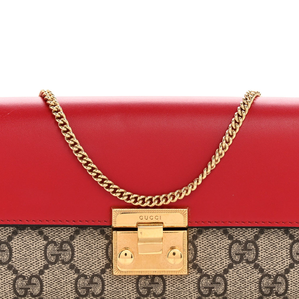 Gucci GG Supreme Monogram Moon Calfskin Padlock Continental Chain Wallet Beige Ebony Hibiscus Red New Rosette