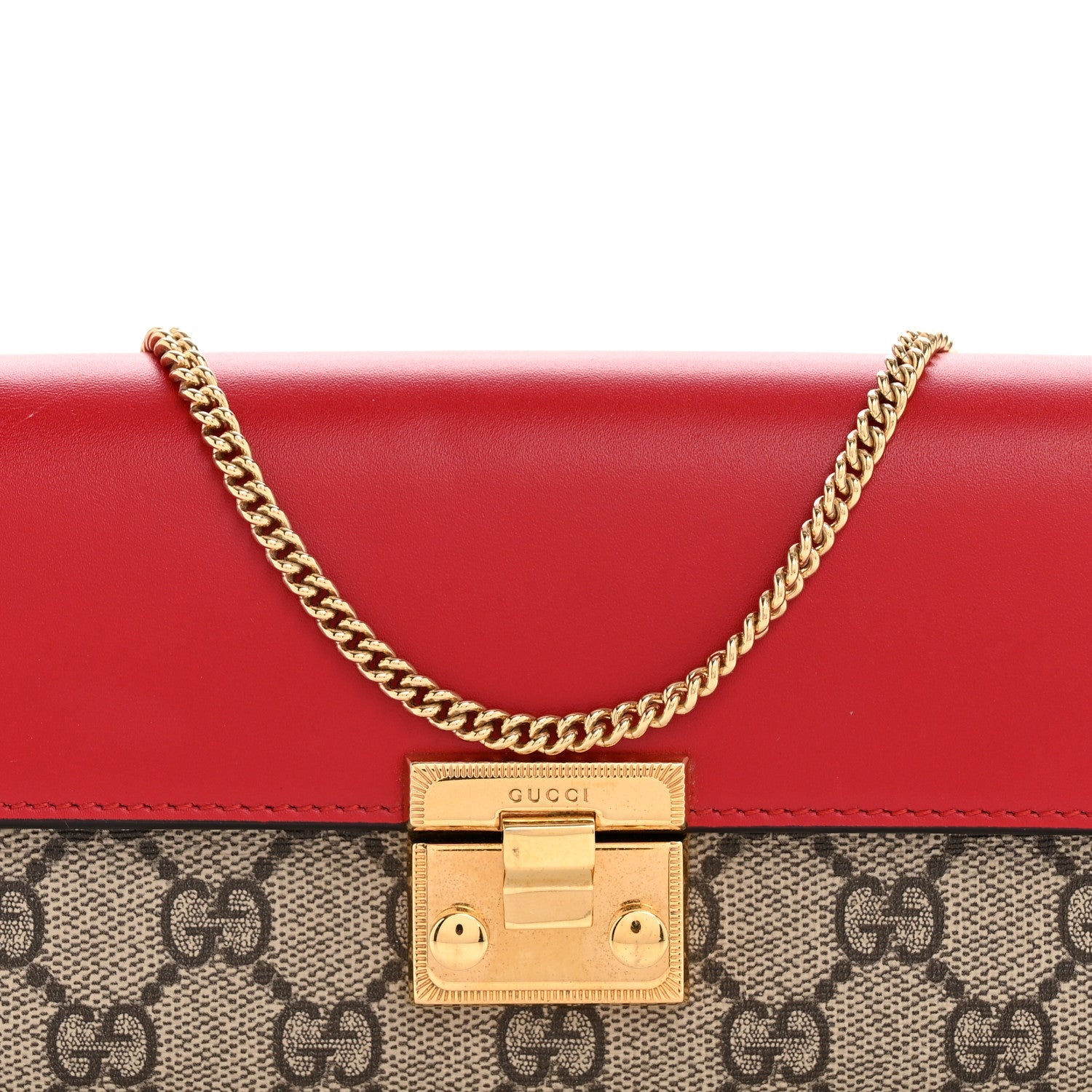Gucci GG Supreme Monogram Moon Calfskin Padlock Continental Chain Wallet Beige Ebony Hibiscus Red New Rosette