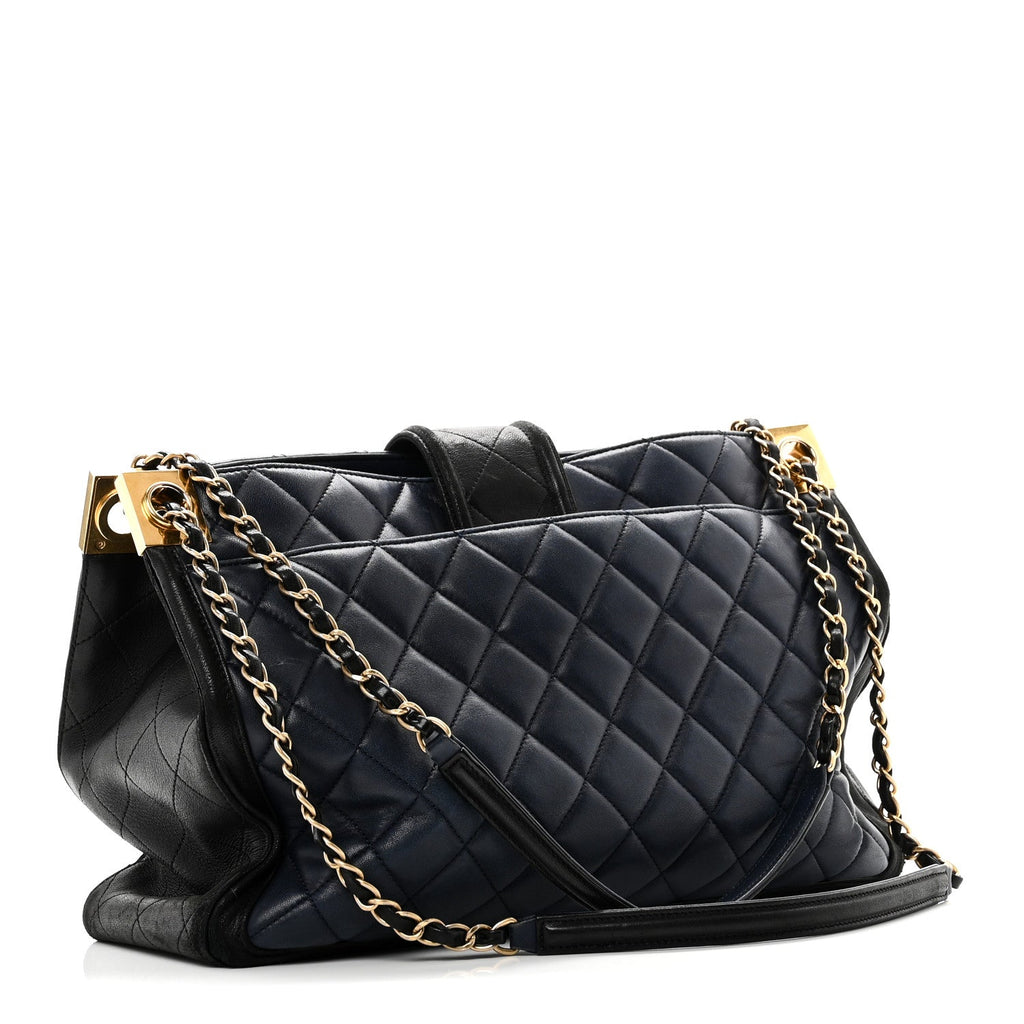 Chanel Lambskin Quilted Elegant CC Shopping Tote Navy Black