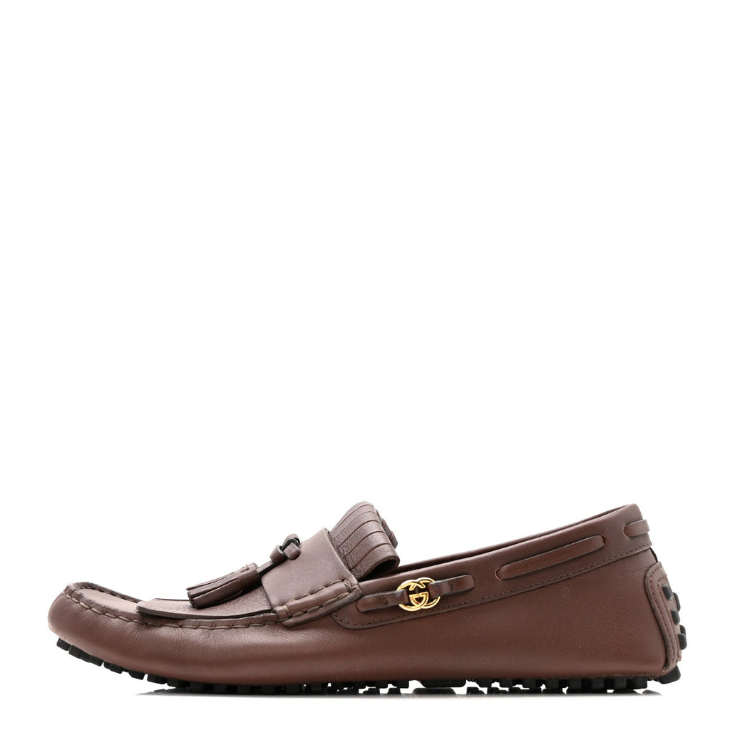 Gucci Calfskin Fringe Interlocking G Mens Driver Loafers 8 Brown