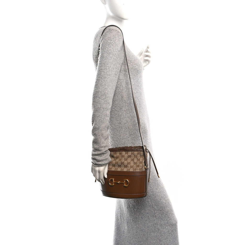 Gucci Monogram Textured Calfskin Horsebit 1955 Drawstring Bucket Bag Beige Brown Sugar