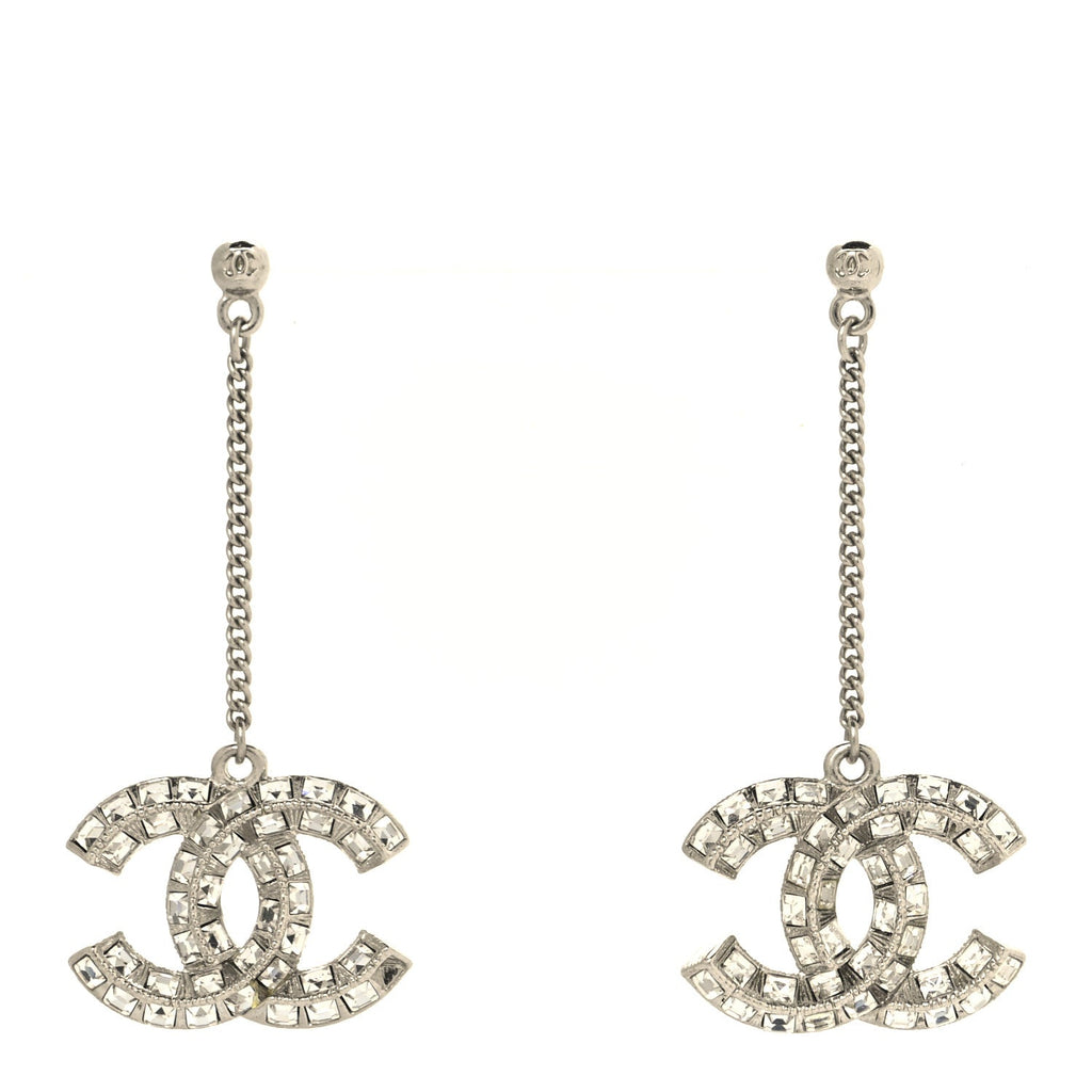 Baguette Crystal CC Drop Earrings Silver