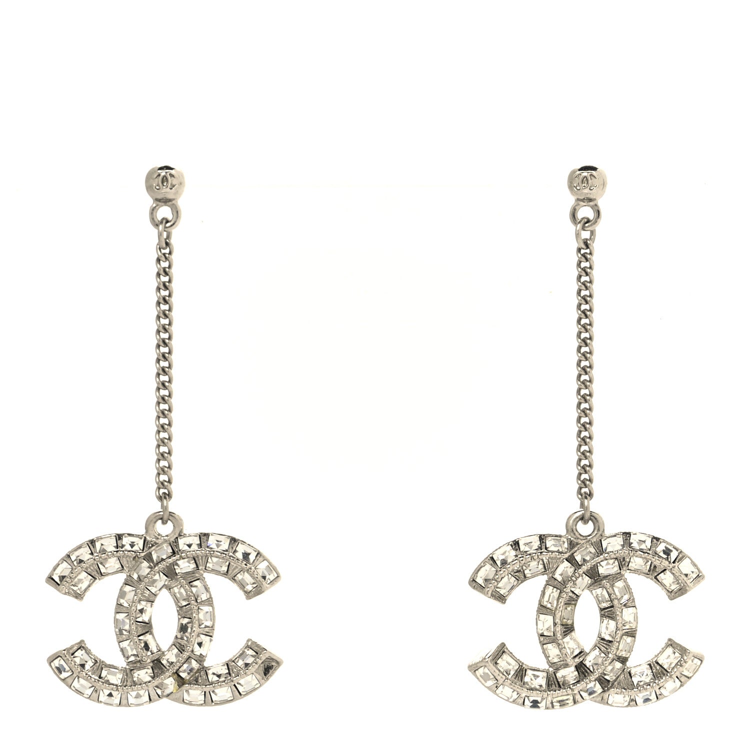 Baguette Crystal CC Drop Earrings Silver
